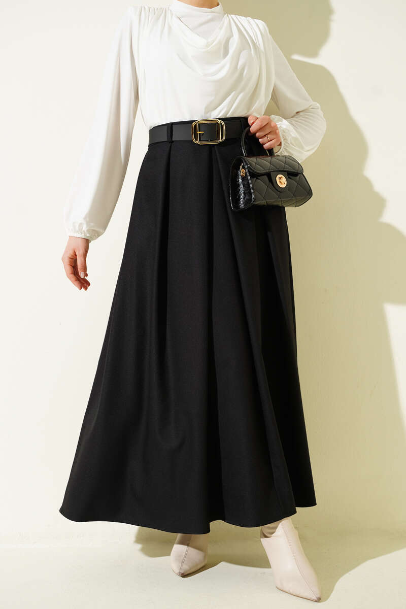 Belted Skirt with Pleat Detail - Black