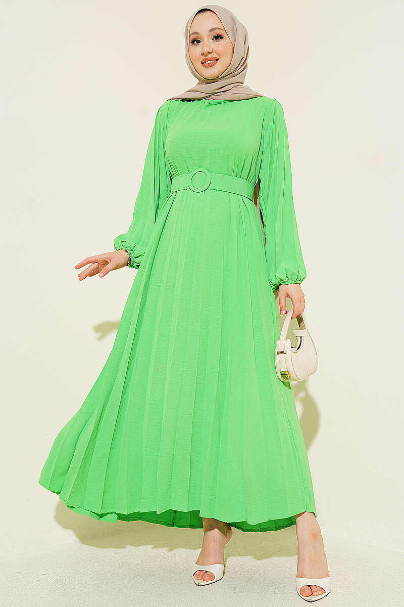 Belted Pleated Flared Dress - Neon Green