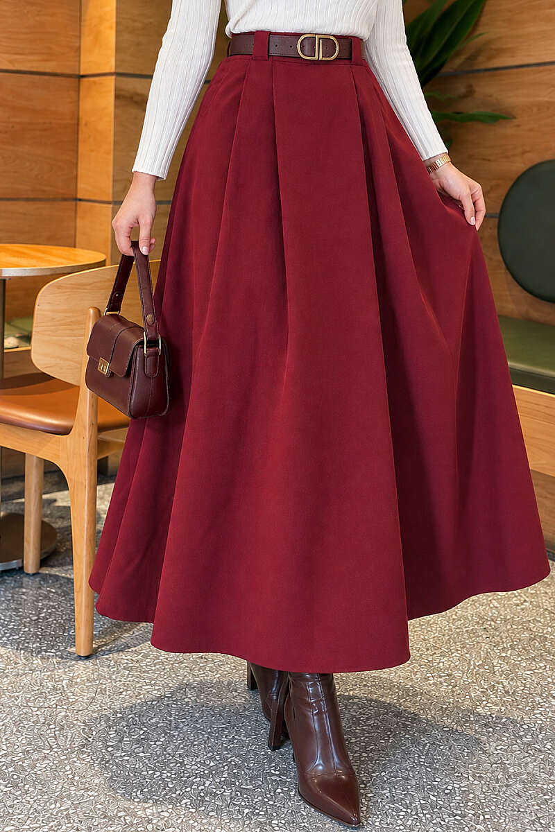 Belted Pleated Flared Skirt - Burgundy