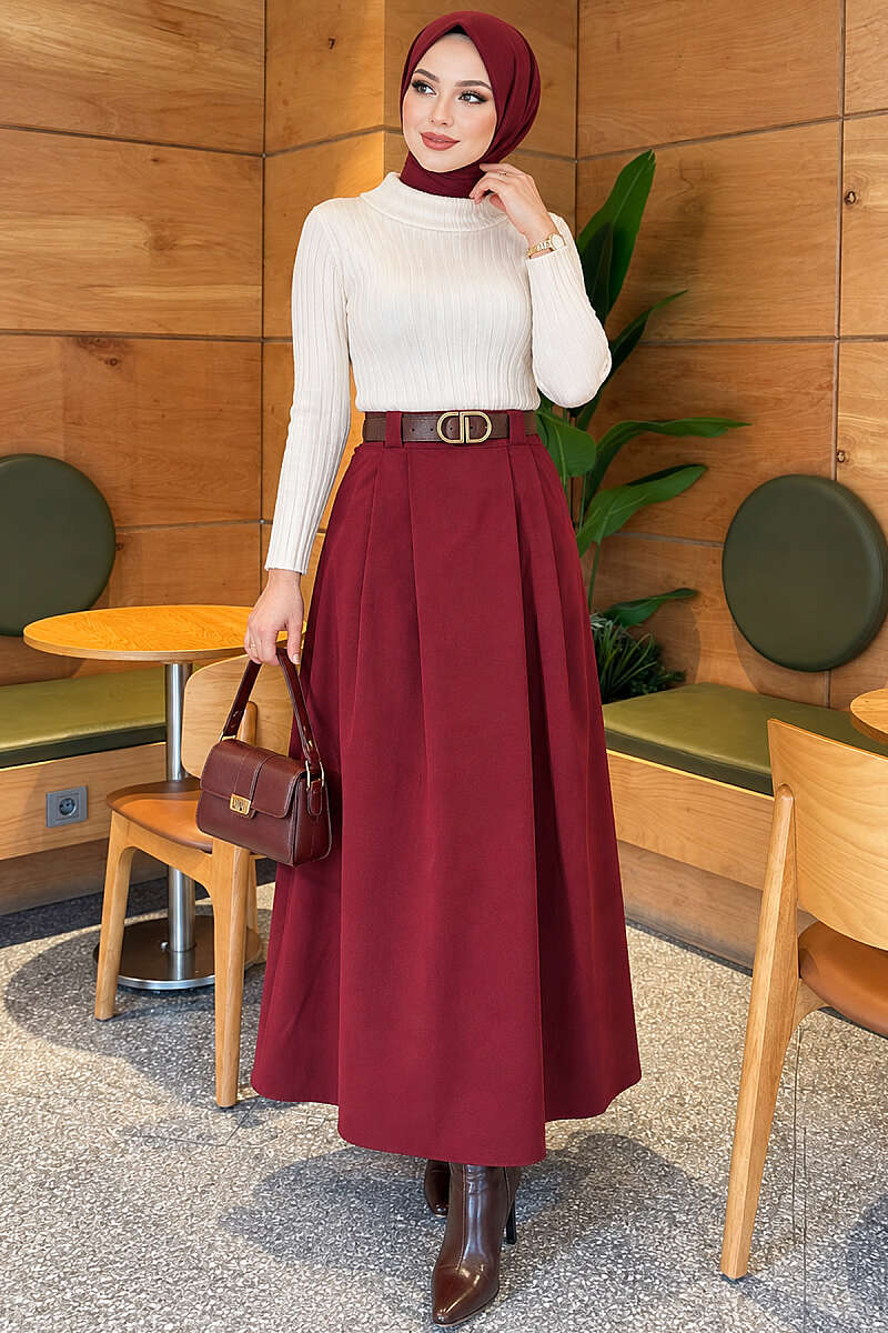 Belted Pleated Flared Skirt - Burgundy