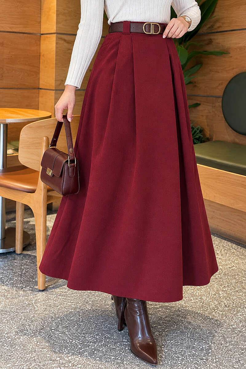 Belted Pleated Flared Skirt - Burgundy