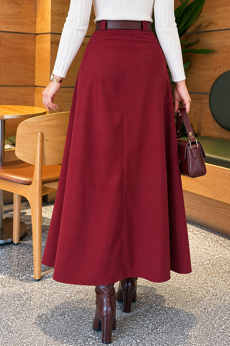 Belted Pleated Flared Skirt - Burgundy