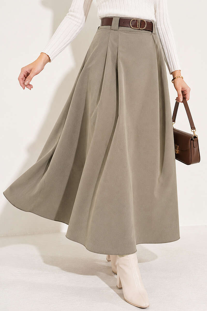 Belted Pleated Flared Skirt - Almond Green