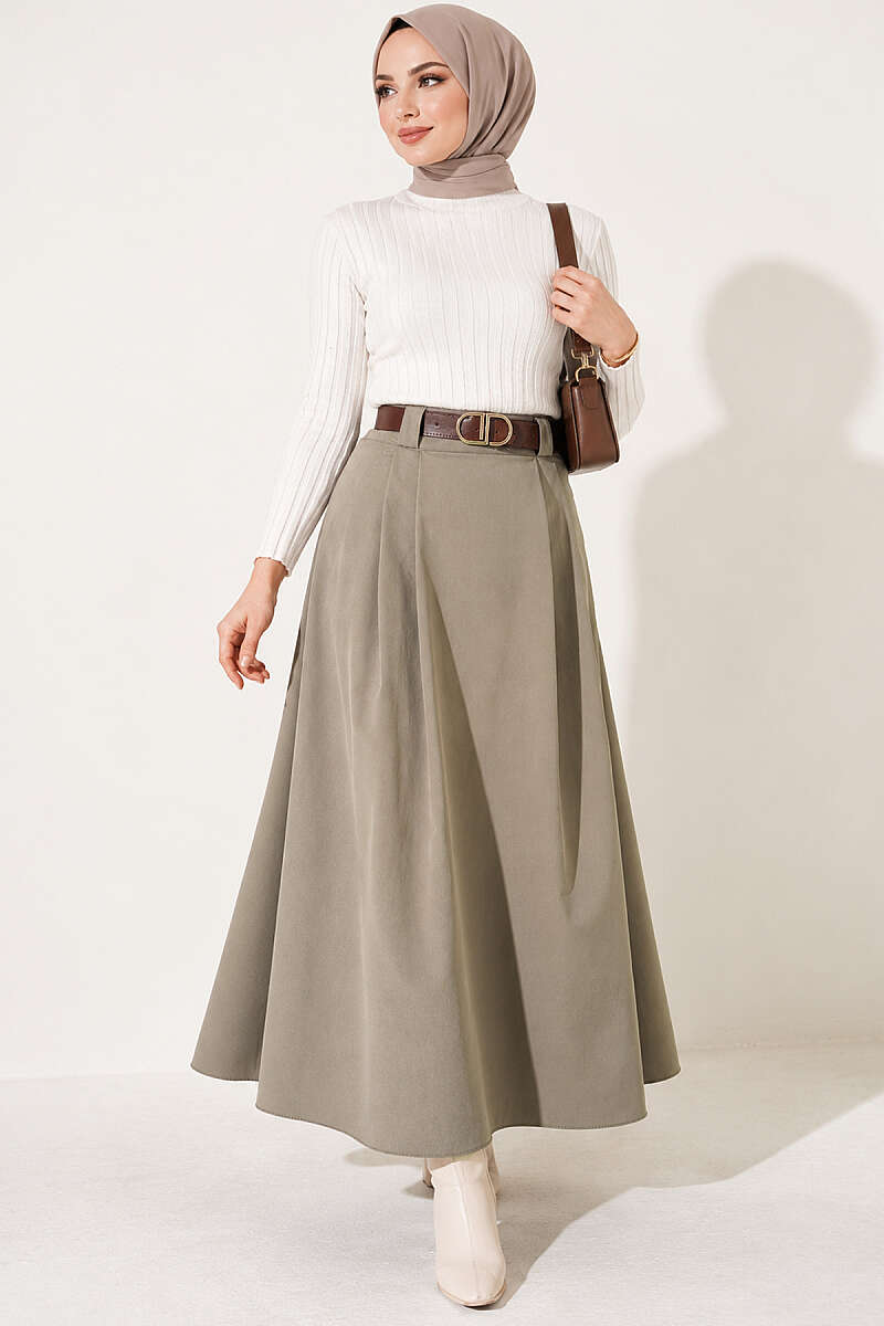 Belted Pleated Flared Skirt - Almond Green