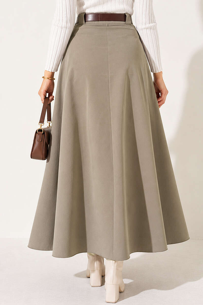 Belted Pleated Flared Skirt - Almond Green