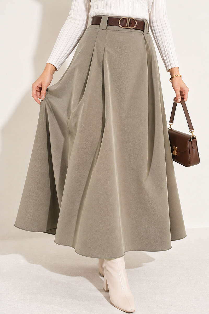 Belted Pleated Flared Skirt - Almond Green