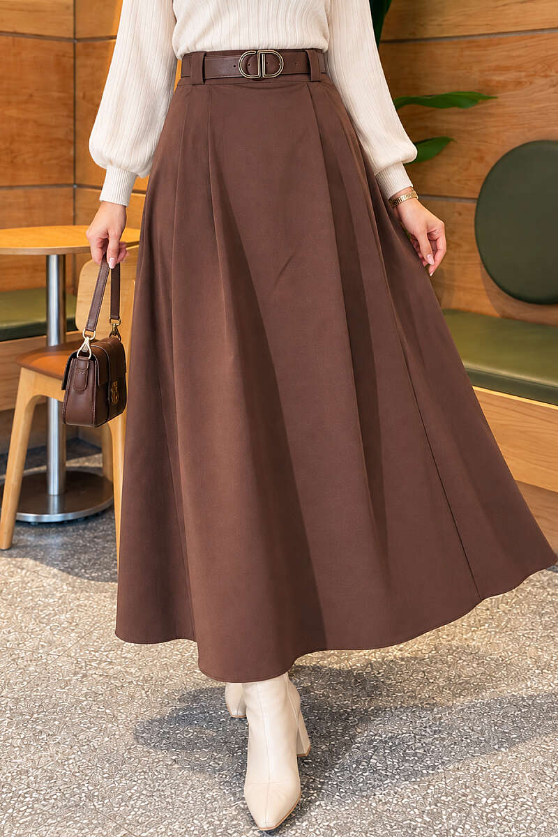 Belted Pleated Flared Skirt - Brown