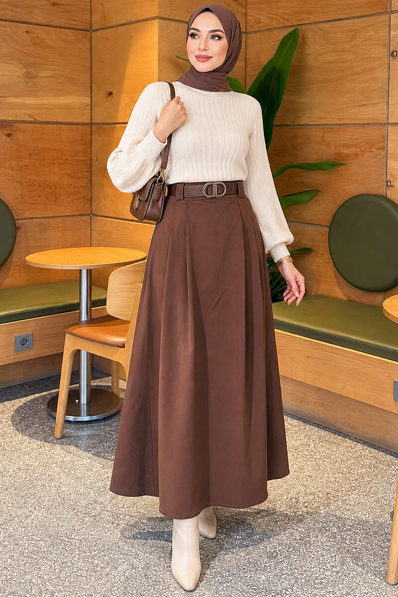 Belted Pleated Flared Skirt - Brown