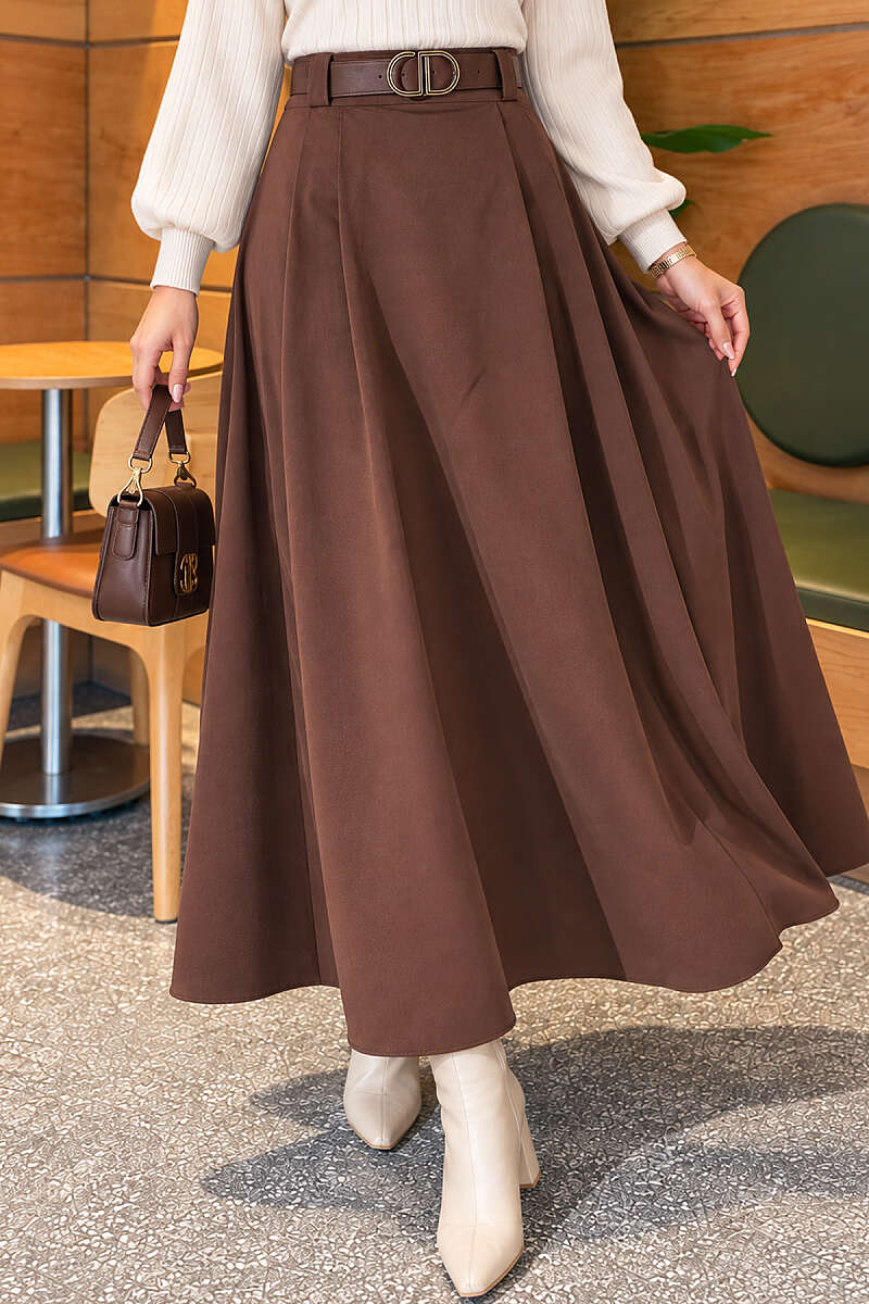 Belted Pleated Flared Skirt - Brown
