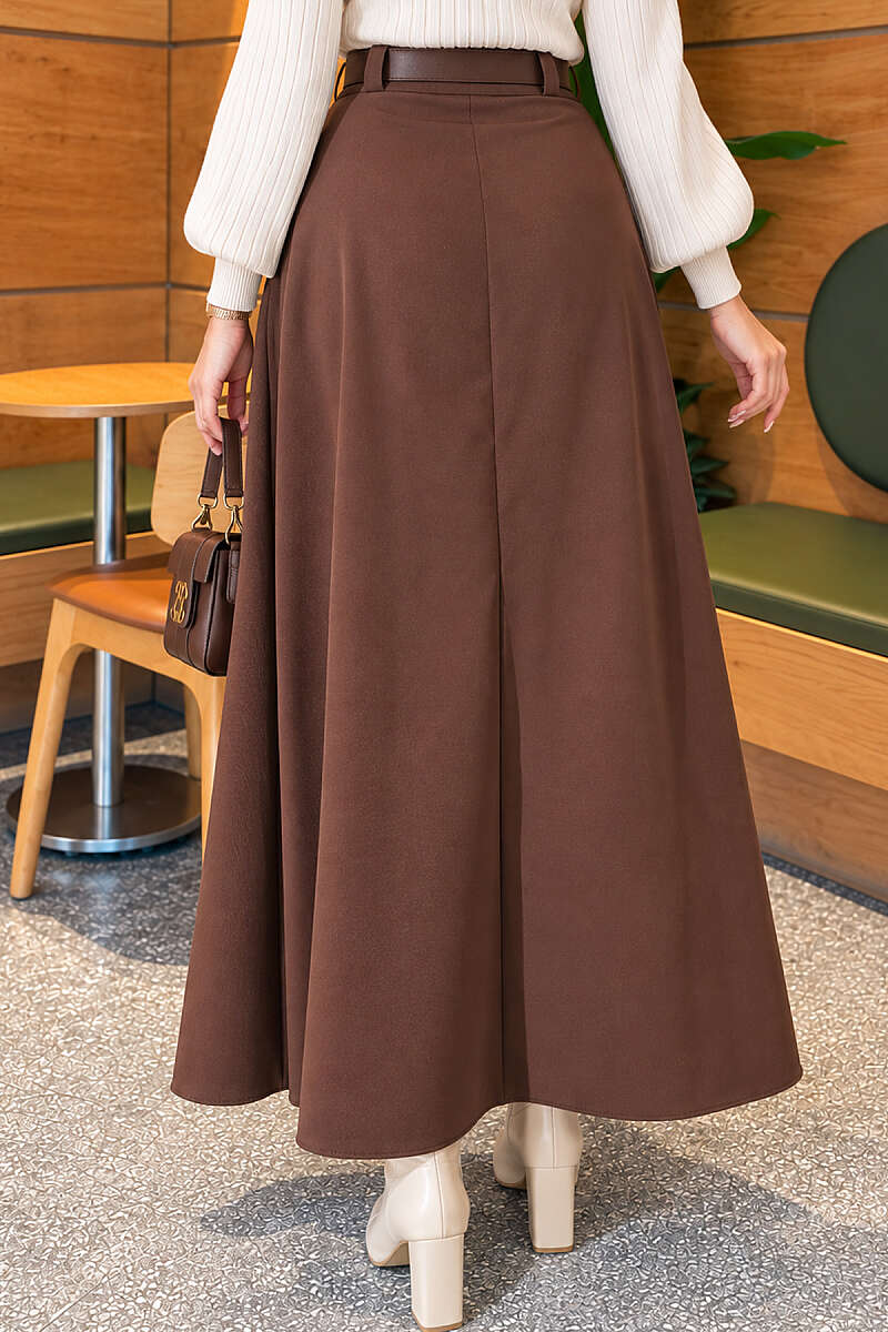 Belted Pleated Flared Skirt - Brown