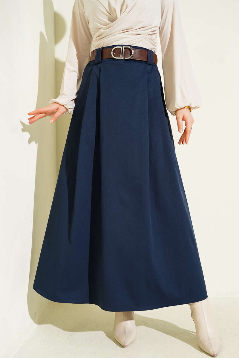 Belted Pleated Flared Skirt - Navy