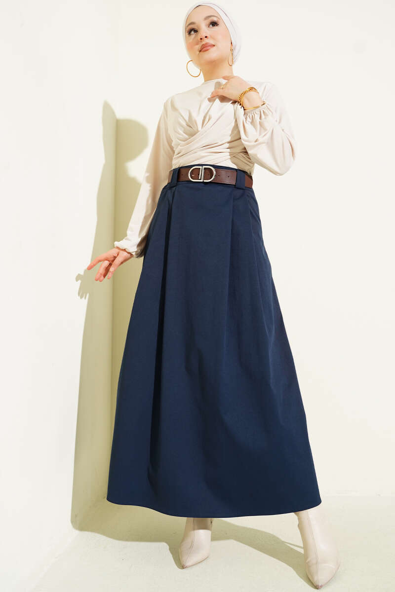 Belted Pleated Flared Skirt - Navy