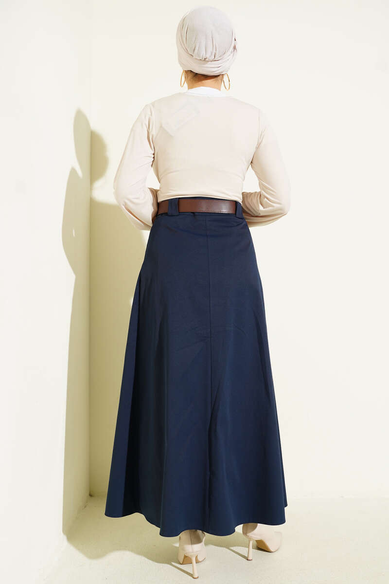 Belted Pleated Flared Skirt - Navy