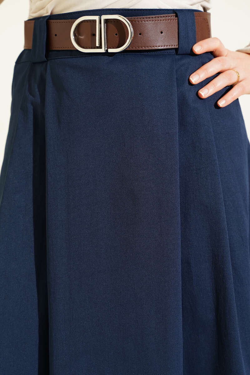 Belted Pleated Flared Skirt - Navy
