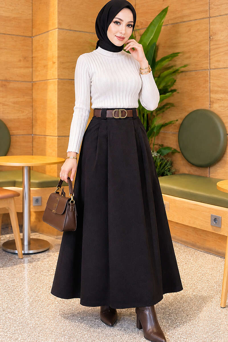 Belted Pleated Flared Skirt - Black