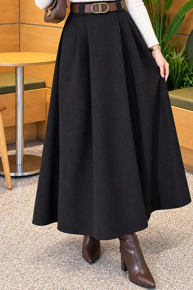 Belted Pleated Flared Skirt - Black