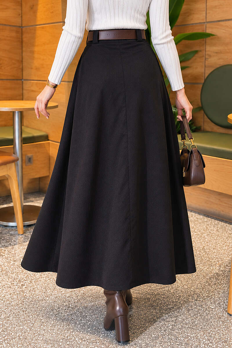 Belted Pleated Flared Skirt - Black