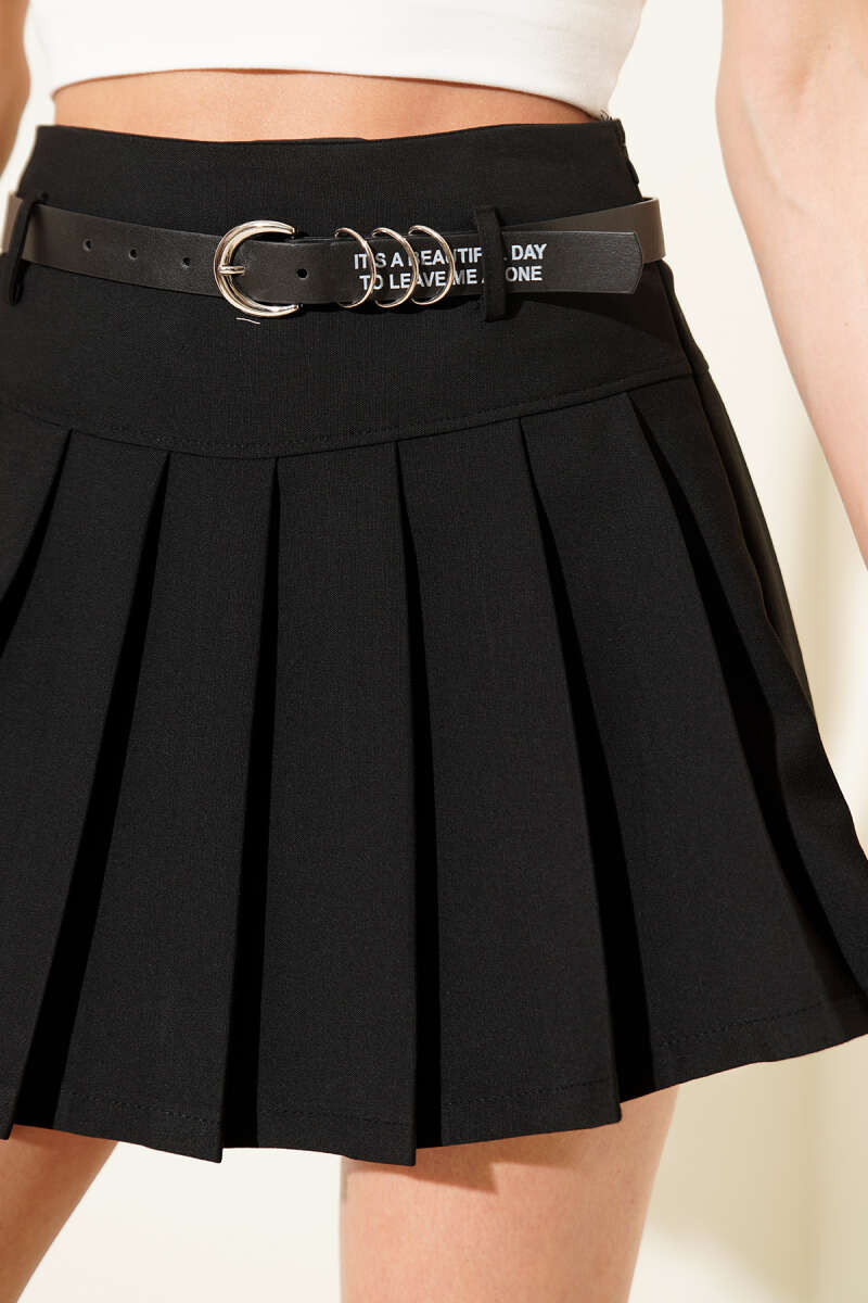 Belted Pleated Mini Skirt with Buckle - Black