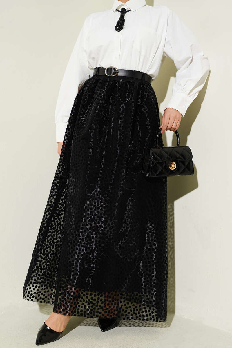 Belted Polka Dot Organza Skirt - Black