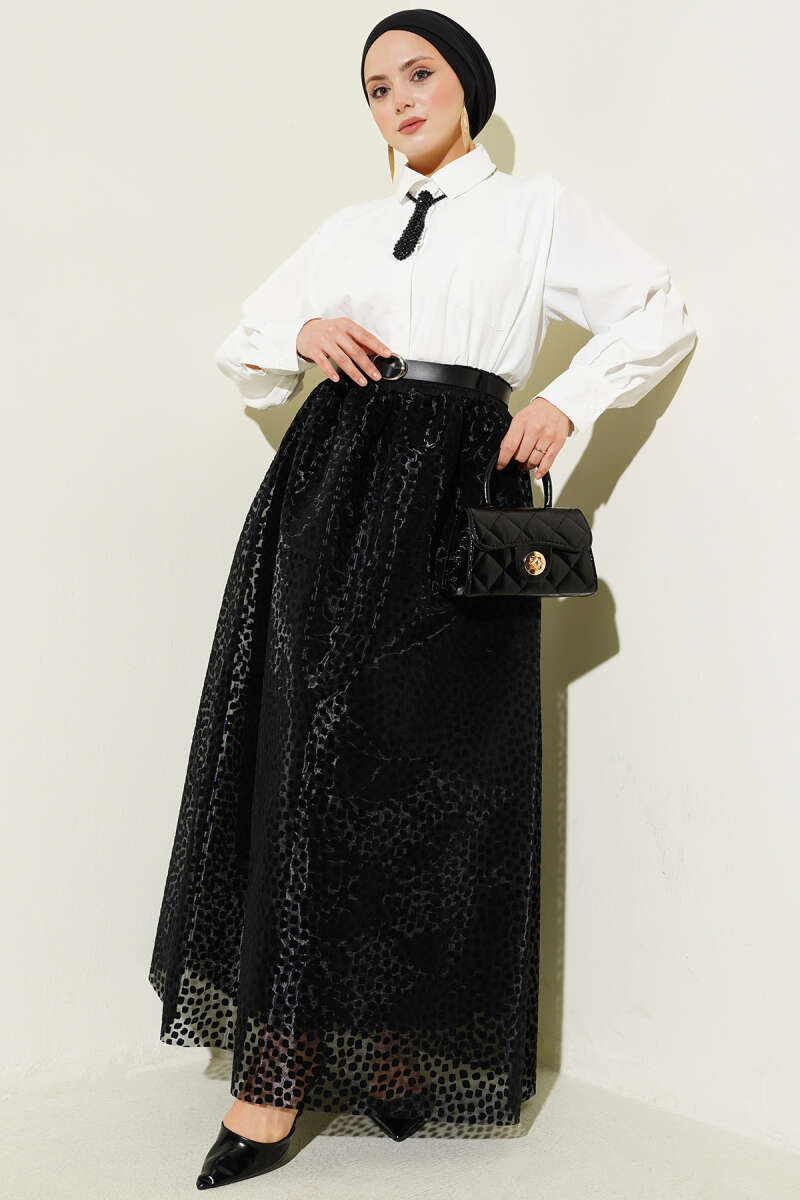 Belted Polka Dot Organza Skirt - Black