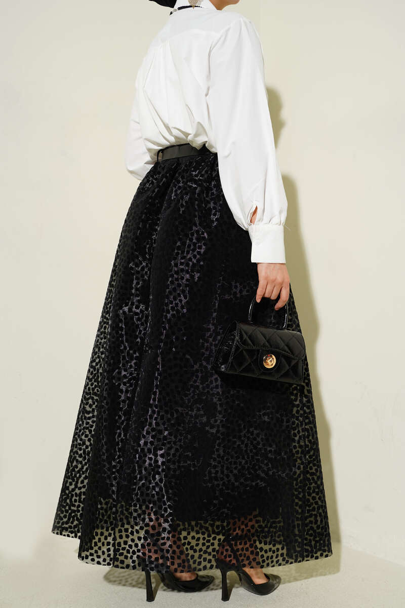 Belted Polka Dot Organza Skirt - Black