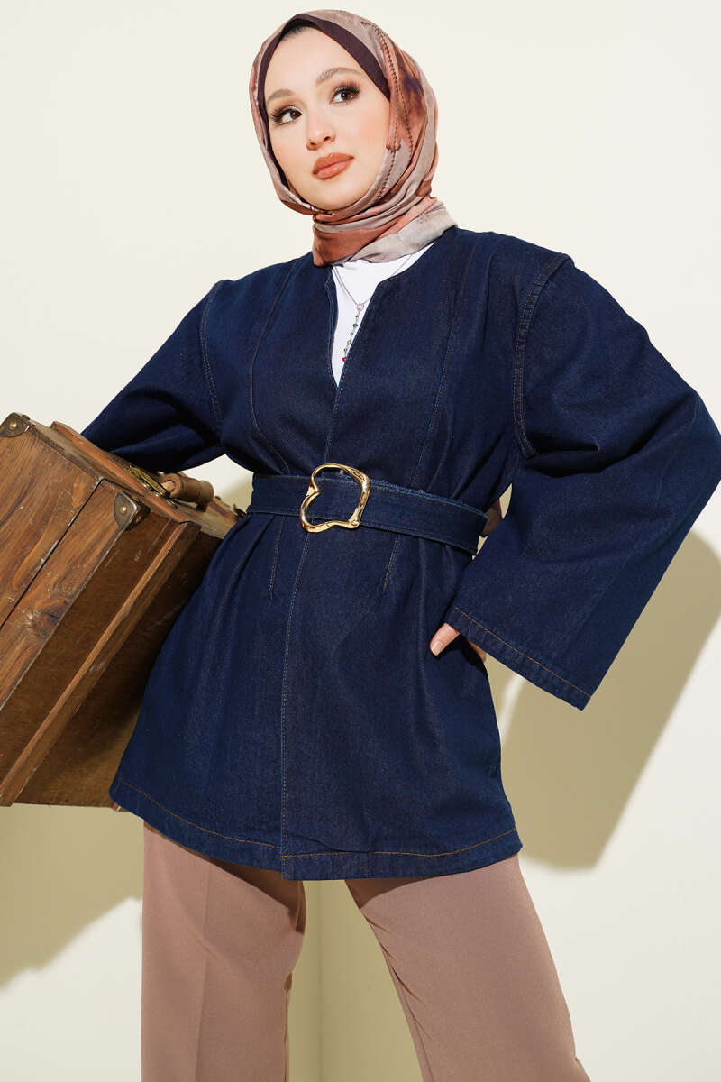Loose Belted Denim Jacket - Denim Blue