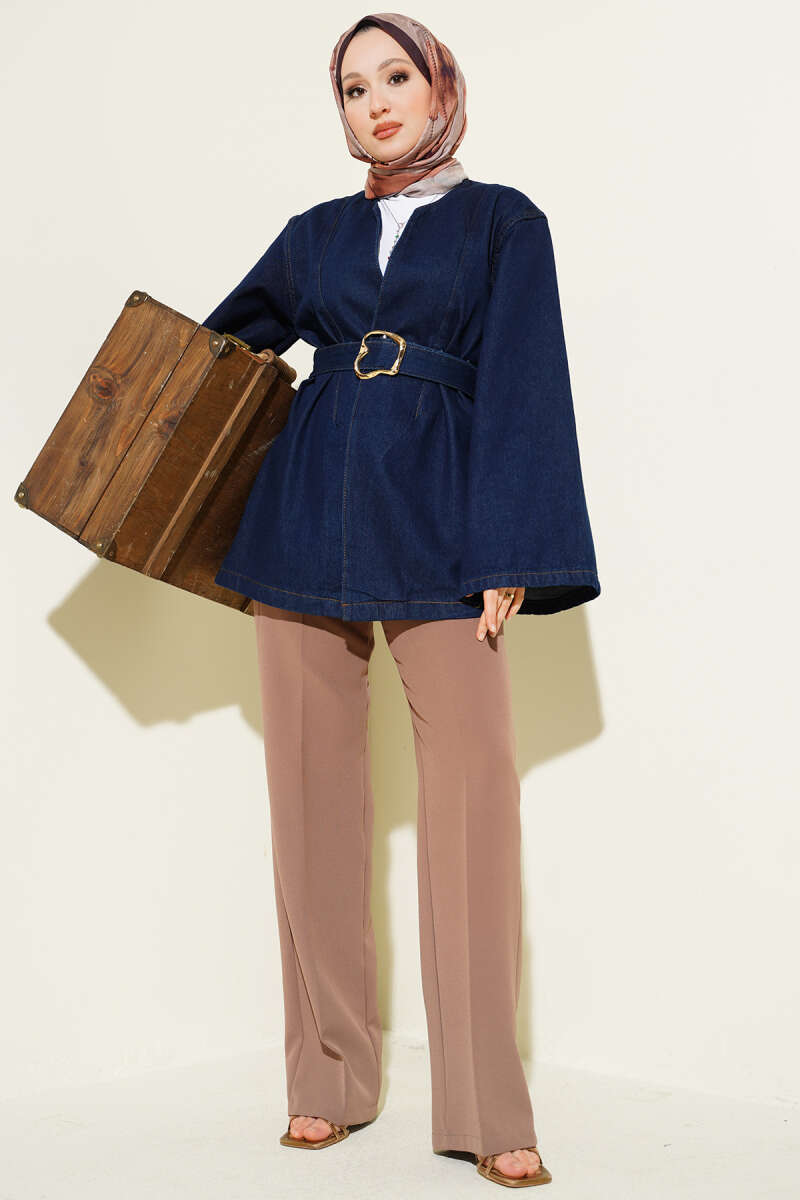 Loose Belted Denim Jacket - Denim Blue