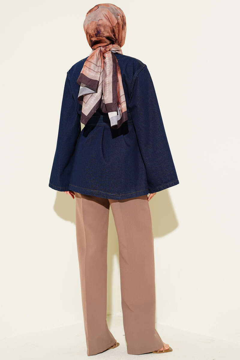 Loose Belted Denim Jacket - Denim Blue