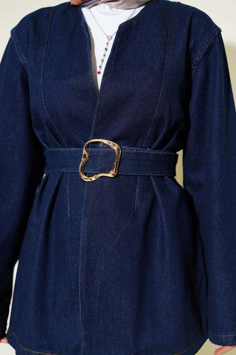 Loose Belted Denim Jacket - Denim Blue