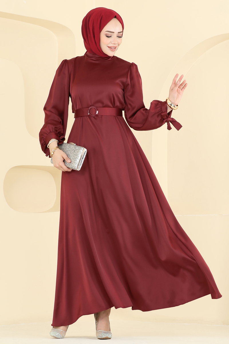 Belted Satin Evening Dress - Burgundy