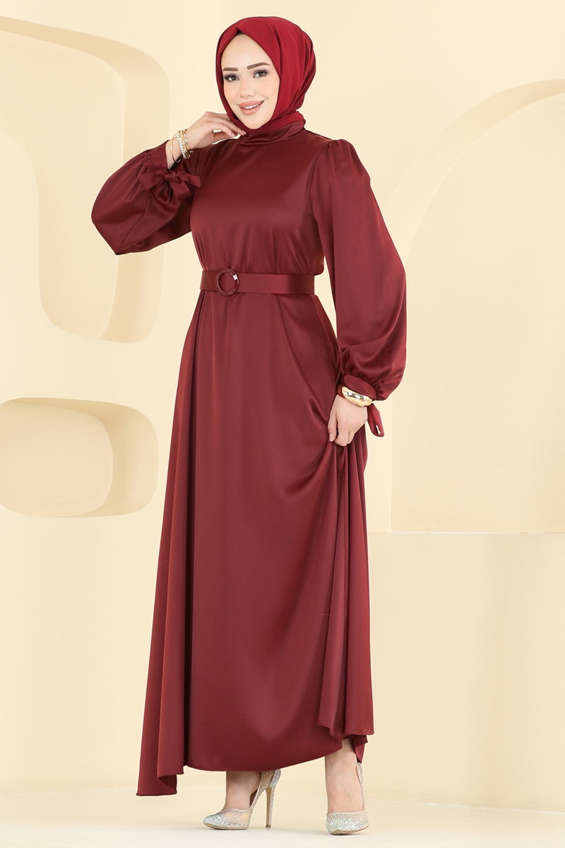 Belted Satin Evening Dress - Burgundy