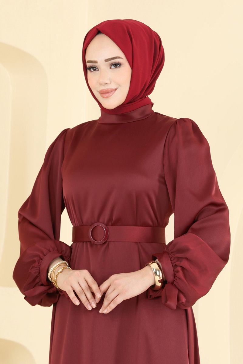 Belted Satin Evening Dress - Burgundy