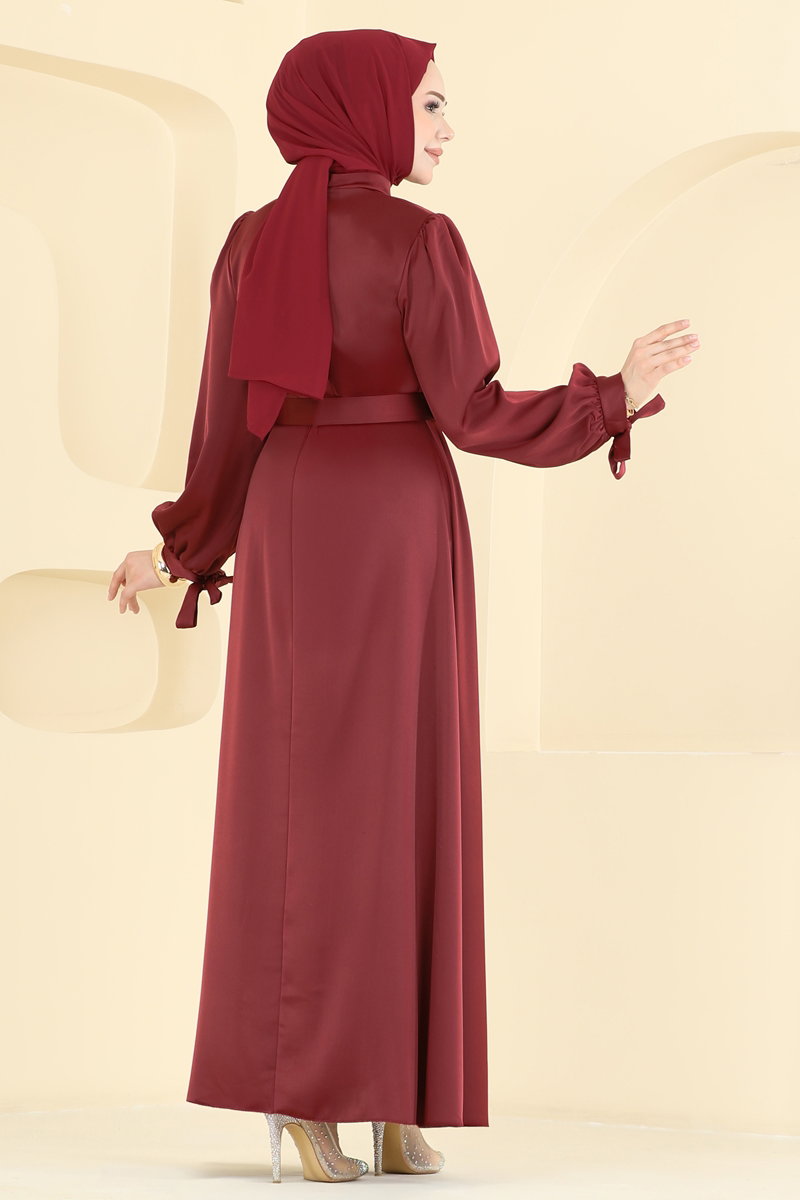 Belted Satin Evening Dress - Burgundy