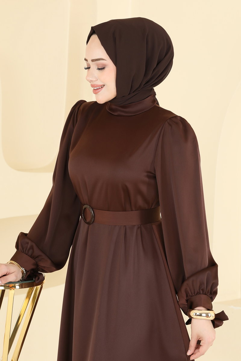 Belted Satin Evening Dress - Brown