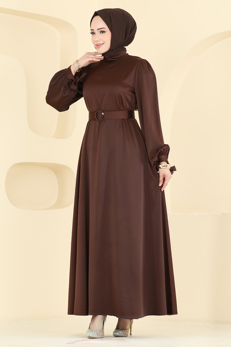 Belted Satin Evening Dress - Brown