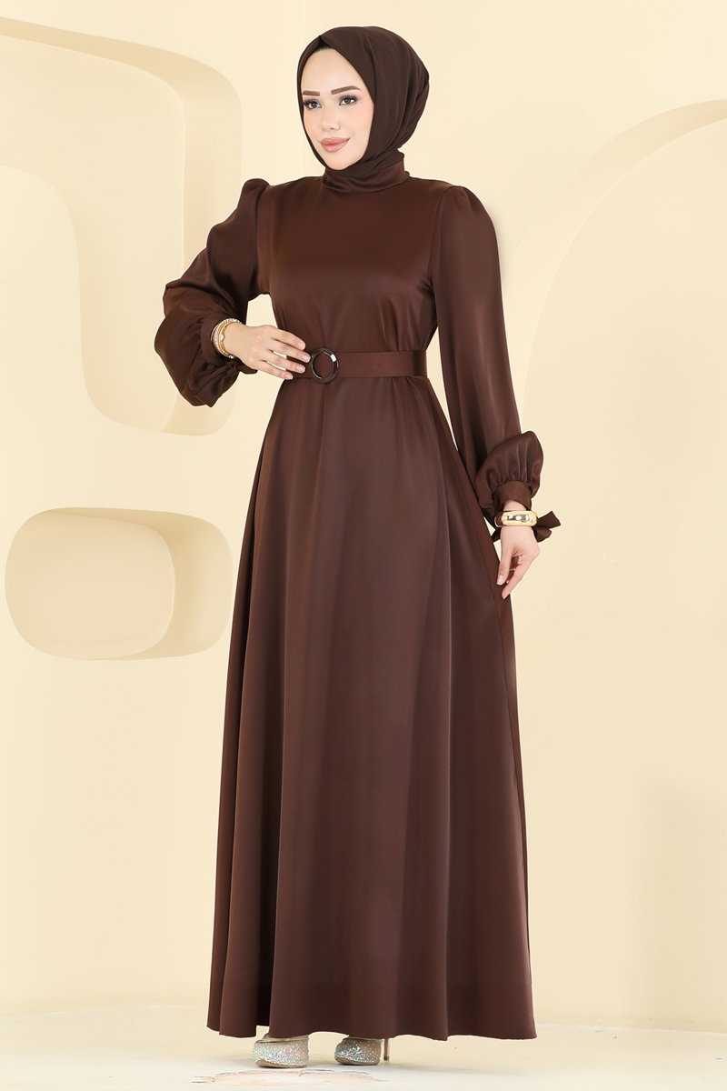 Belted Satin Evening Dress - Brown