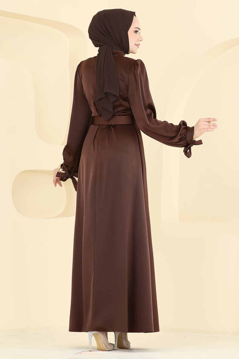 Belted Satin Evening Dress - Brown
