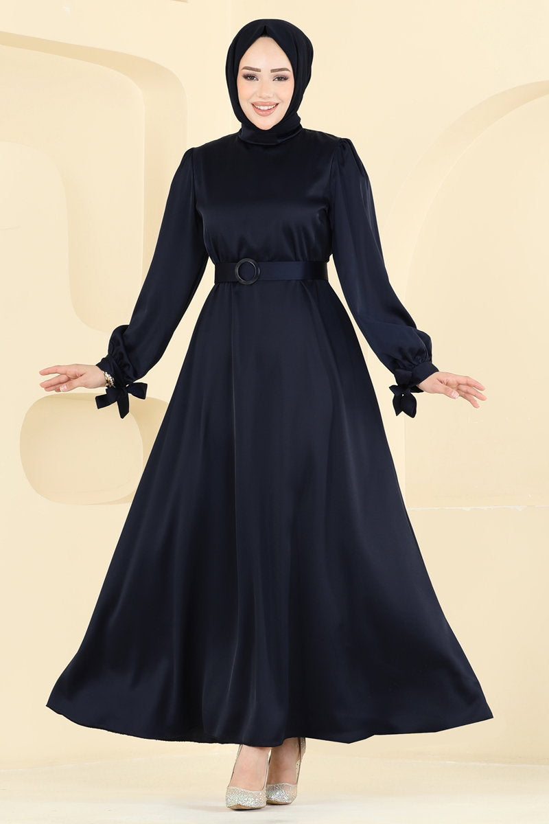 Belted Satin Evening Dress - Dark Navy