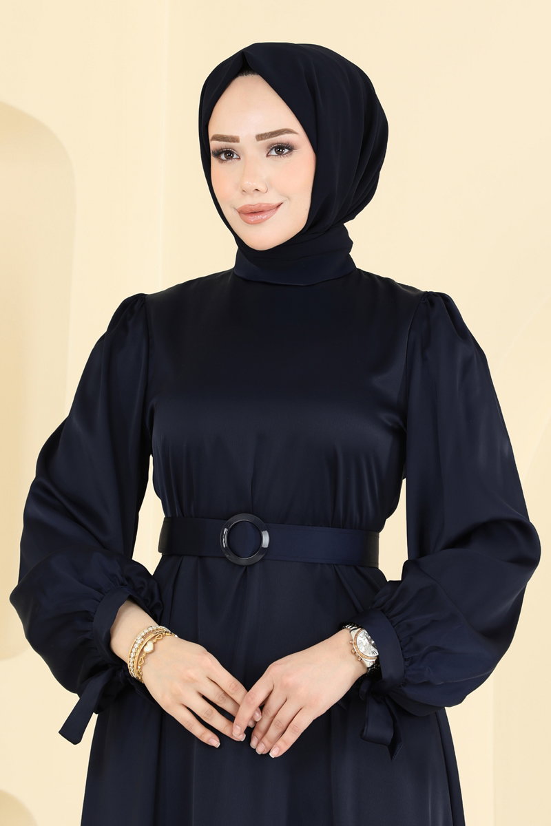 Belted Satin Evening Dress - Dark Navy
