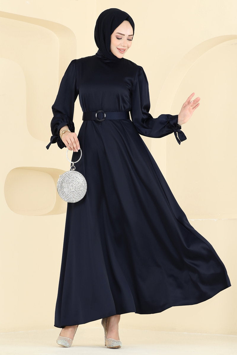 Belted Satin Evening Dress - Dark Navy