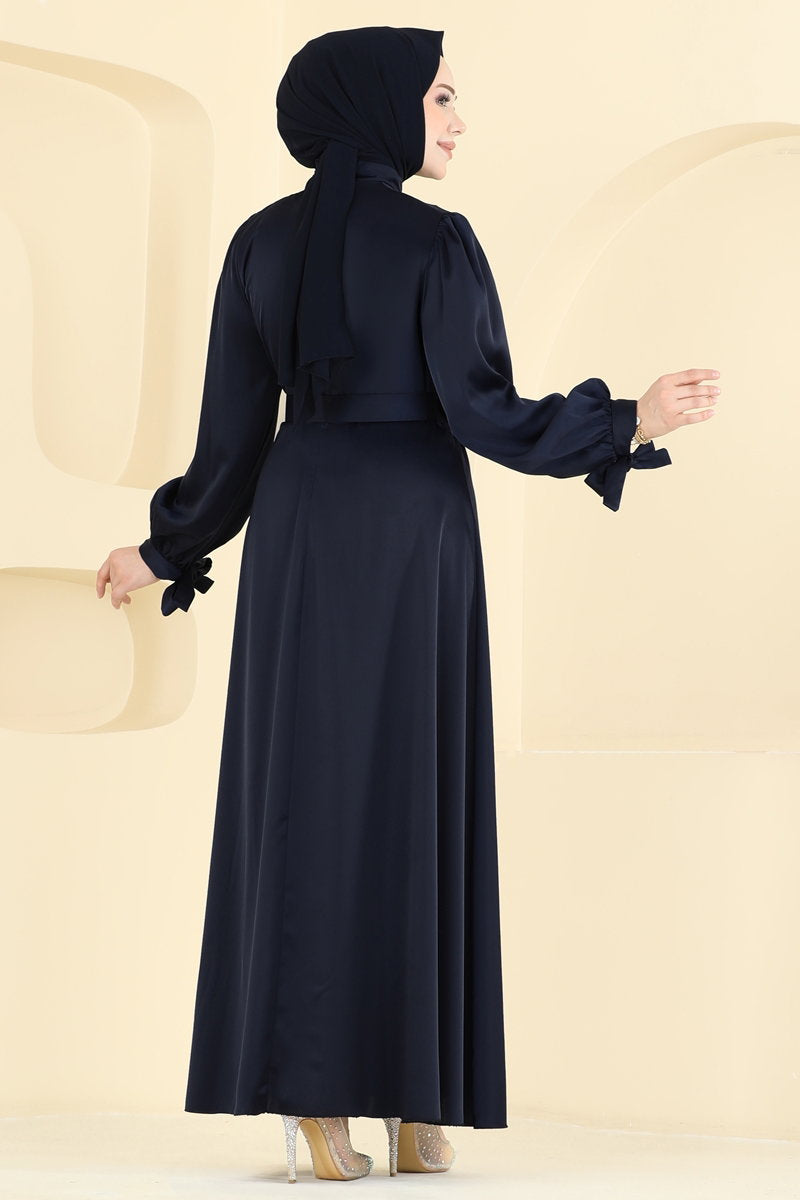 Belted Satin Evening Dress - Dark Navy