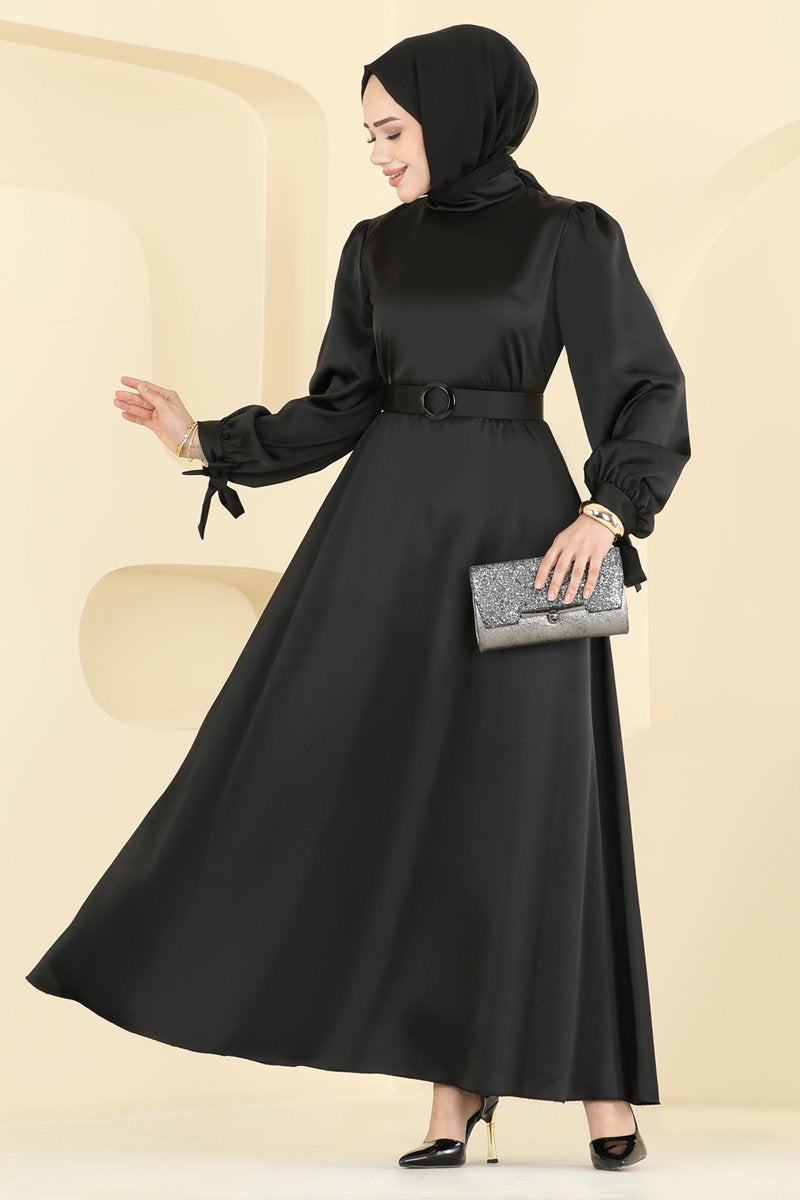 Belted Satin Evening Dress - Black