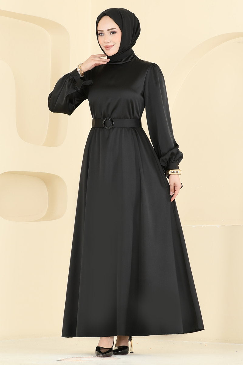 Belted Satin Evening Dress - Black