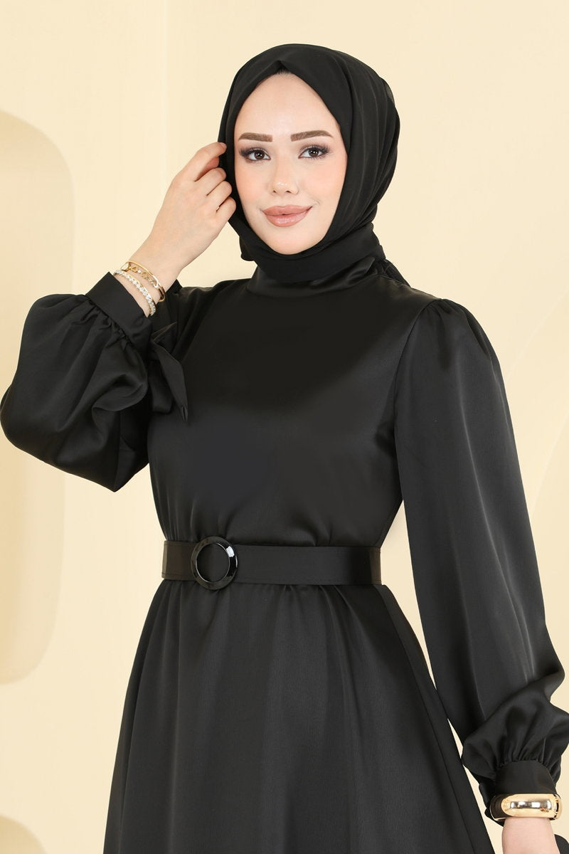 Belted Satin Evening Dress - Black