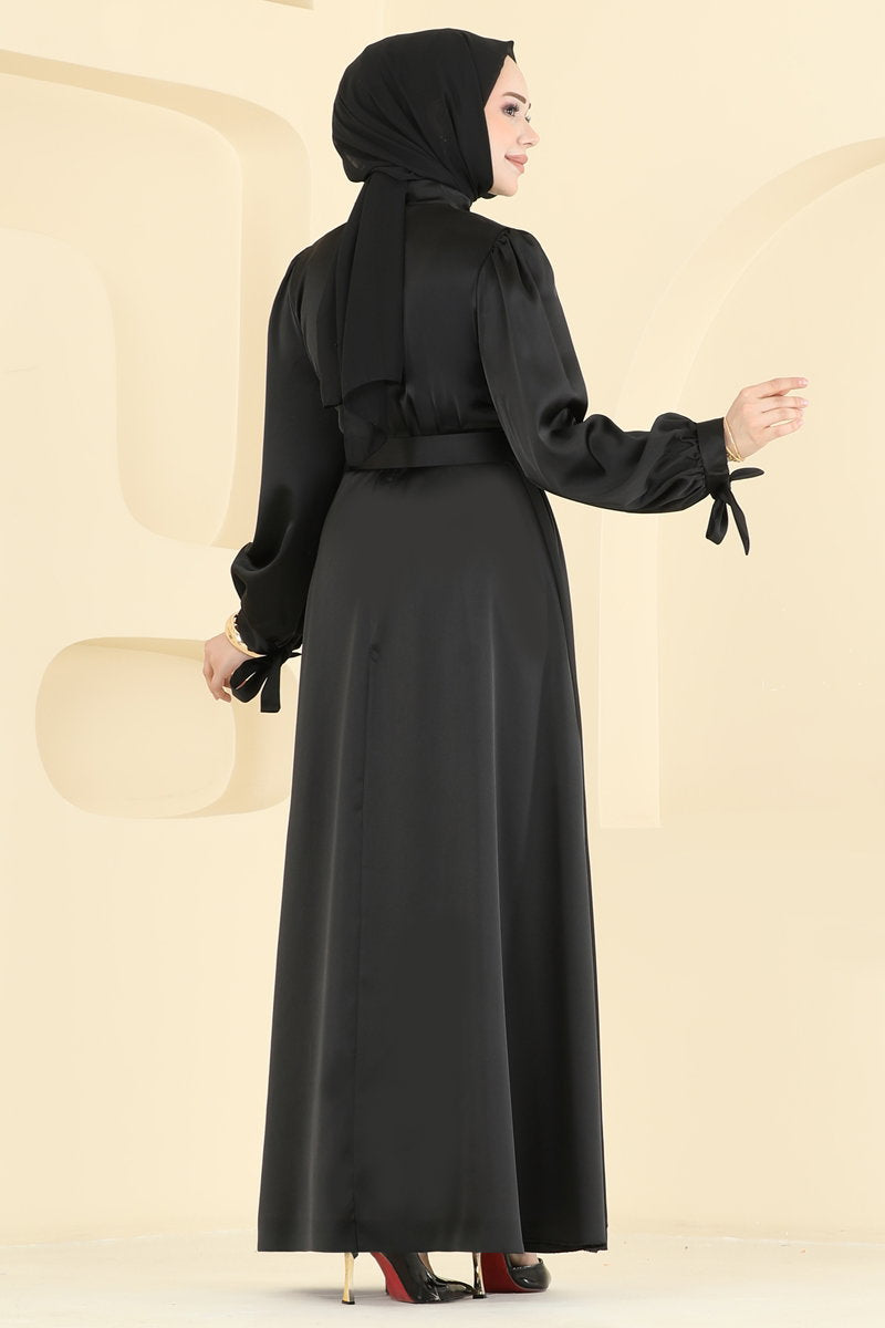Belted Satin Evening Dress - Black