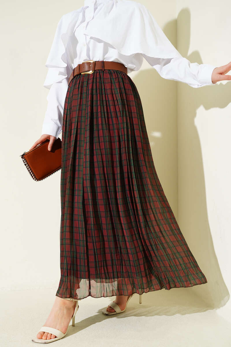 Belted Fine-Pleat Plaid Skirt - Brown