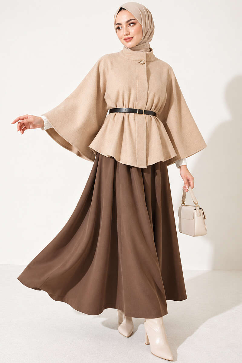 Felt Poncho with Belt and Single Button - Beige