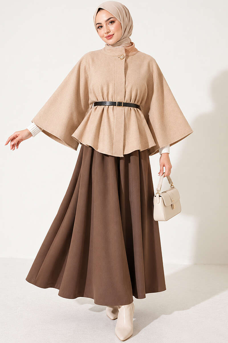 Felt Poncho with Belt and Single Button - Beige