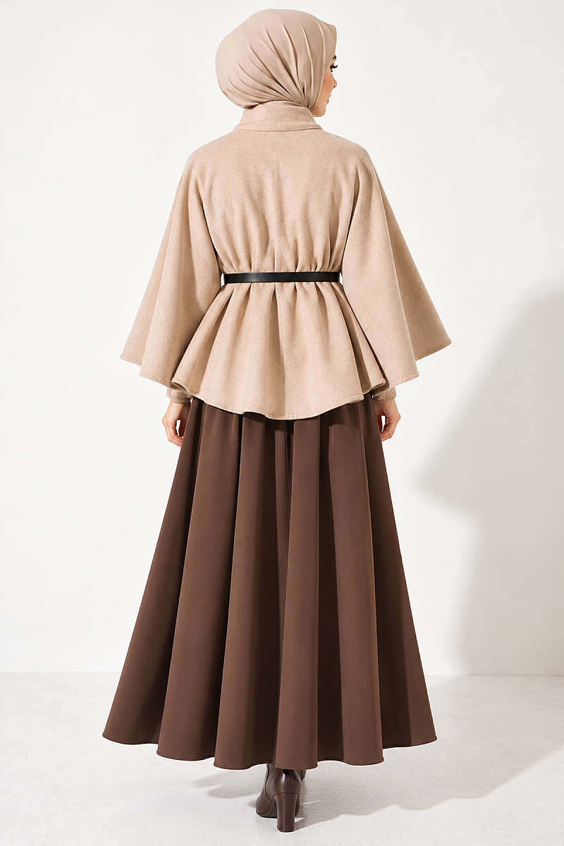 Felt Poncho with Belt and Single Button - Beige