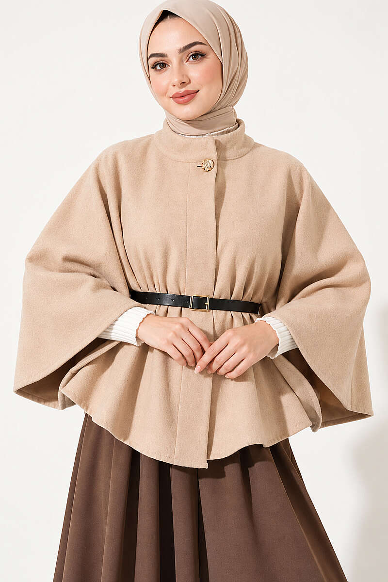 Felt Poncho with Belt and Single Button - Beige